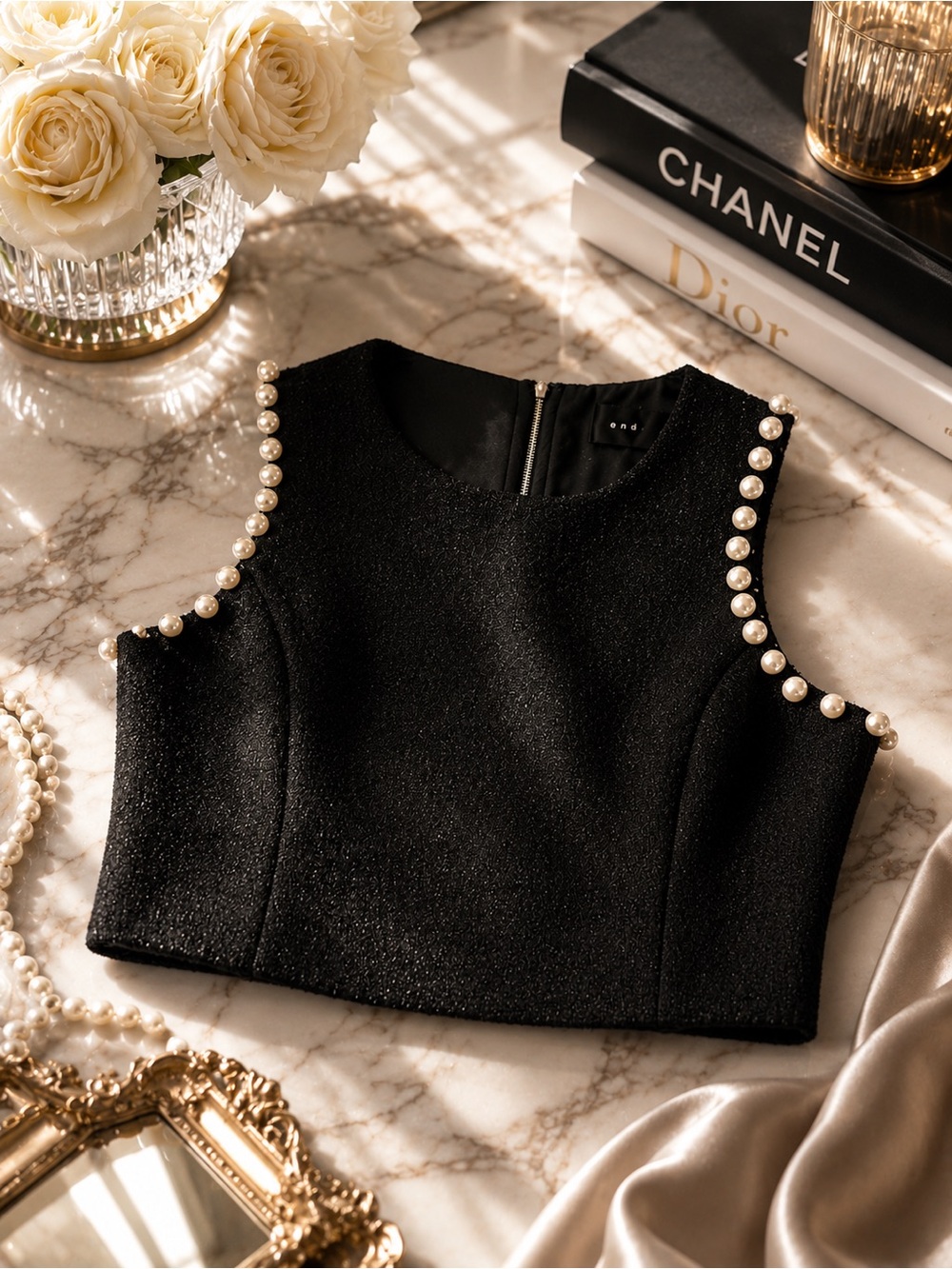 Endless Rose Black Pearl-Trim Sleeveless Crop Top